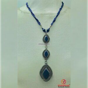 Statement Lapis Necklace with Antique Three Silver Pendants, Lapis Lazuli Unique